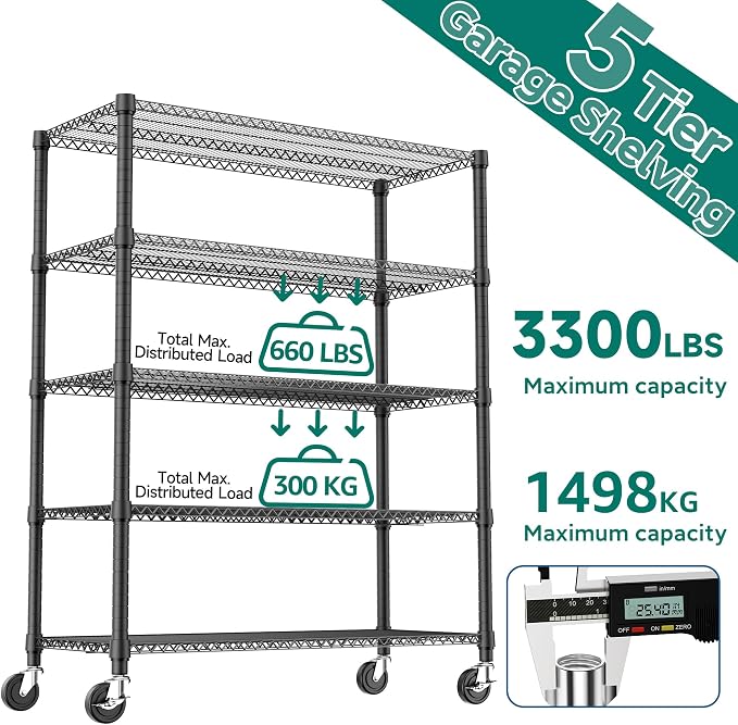 M MZG 3300LBS 53.1" W 5 Tiers Shelf Steel Storage Shelving Utility Shelving Unit Steel Organizer Wire Rack for Home,Kitchen,Office,Garage Black 23.6" D x 53.1" W x 73.6" H