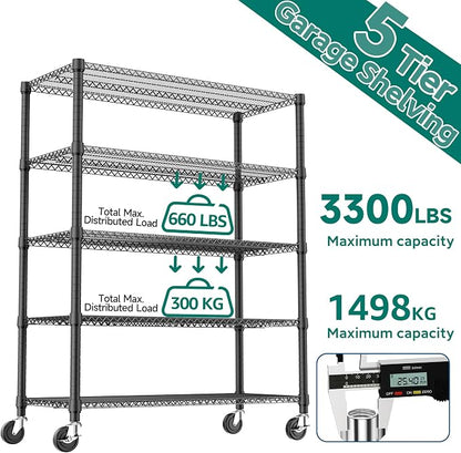 M MZG 3300LBS 53.1" W 5 Tiers Shelf Steel Storage Shelving Utility Shelving Unit Steel Organizer Wire Rack for Home,Kitchen,Office,Garage Black 23.6" D x 53.1" W x 73.6" H