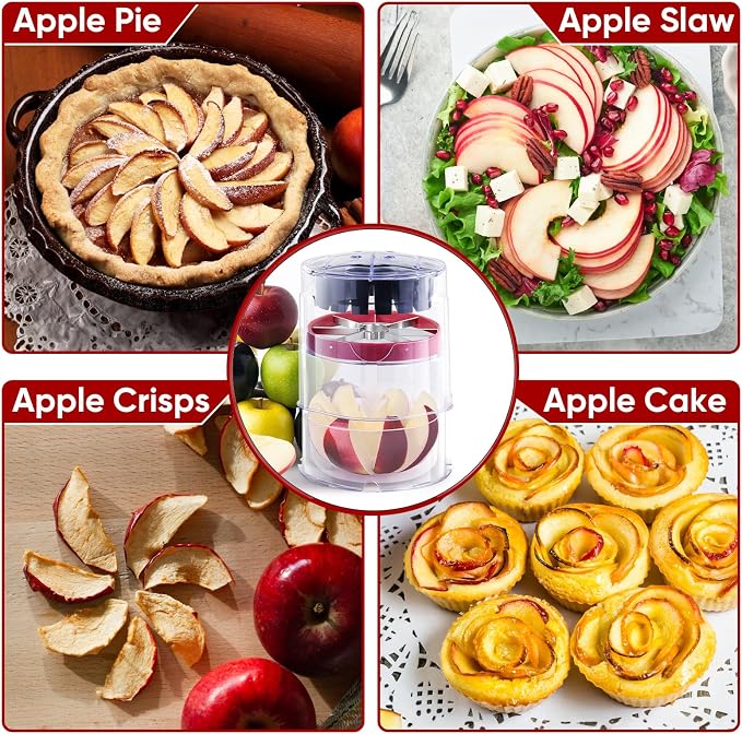 OOKUU 5.12-Inch Professional Apple Slicer, 8-Slice Heavy Duty Stainless Steel Apple Cutter with Clear Bowl, Extra Large Corer for Apples, Safe Full-Cut Design