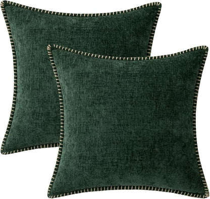 MIULEE Pack of 2 Pillow Covers 18x18 Inch Dark Green Farmhouse Decorative Throw Pillow Covers with Stitched Edge Soft Chenille Solid Dyed Couch Pillow Covers for Sofa Bed Living Room