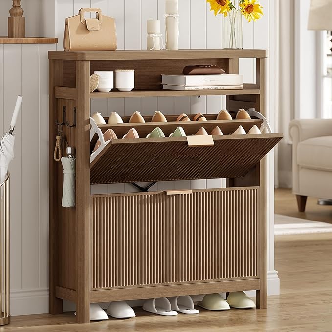 AOGLLATI Shoe Cabinet Storage,Narrow Fluted Shoe Rack Cabinet with 2 Flip Drawers, Wooden Freestanding Organizer with Open Storage Space for Entryway,Wood (Wood)