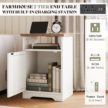 AMERLIFE 3-Piece Farmhouse Living Room Table Set with Coffee Table & 2 End Tables, Charging Station & USB Ports, Distressed White