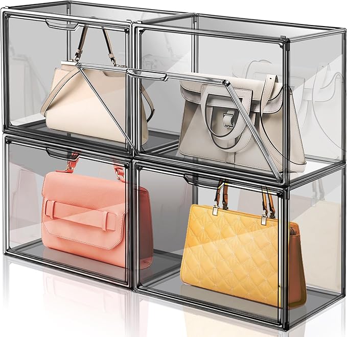 ULENDIS 4 Pack Handbag Storage Organizer for Closet, Transparent Gray Acrylic Display Case for Handbag Purse, Stackable Storage Organizer with Magnetic Door for Wallet Book Cosmetic Toys Display