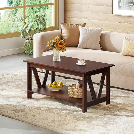 WLIVE Coffee Table with Storage Shelf, 39.4" Farmhouse Coffee Table with V-Frame Support, 2-Tier Wood Rustic Center Table for Living Room, Bedroom & Balcony, Espresso