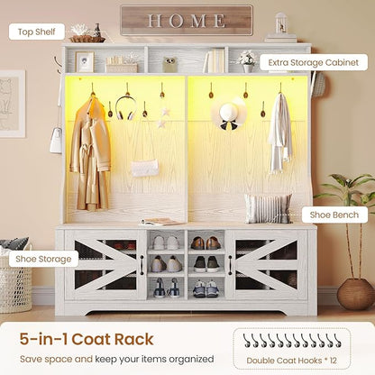 Itaar Hall Tree with Bench and Shoe Storage, 5-in-1 Entryway Bench with Coat Rack, 16 Shoe Cubbies & 12 Coat Hooks, Barn Door & Adjustable Shelf (Embossed White)