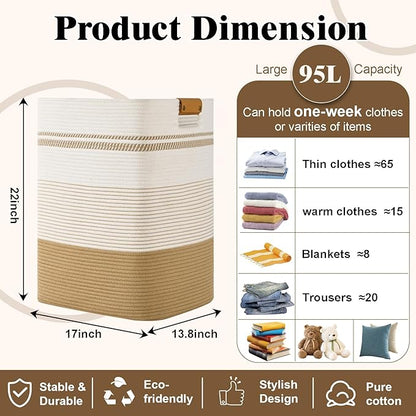 Degeyoyo Laundry Hamper, 95L Tall Laundry Basket with Leather Handles, Rectangle Large Clothes Hamper for Organizing, Cotton Woven Laundry Baskets Storage Hampers for Bedroom, Nursery, Living Room