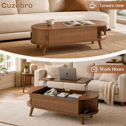 Oval Lift Top Coffee Table with Storage, 47.2" Mid Century Modern Fluted Coffee Table with Sliding Tambour Doors & Hidden Compartment, for Living Room Home Office, Walnut