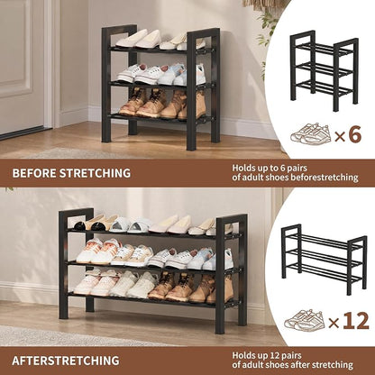 Upgraded 3-Tier Expandable Shoe Rack, Adjustable Shoe Shelf Storage Organizer Heavy Duty Metal Free Standing Shoe Rack for Entryway Closet Doorway (Black)