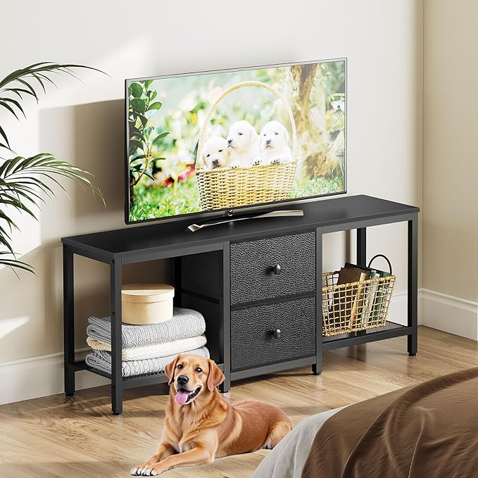 YATINEY TV Stand for TVs up to 55", Entertainment Center with 2 Fabric Drawer, Media Console with Shelves, Television Stands for Living Room, Bedroom, Black DS02BB