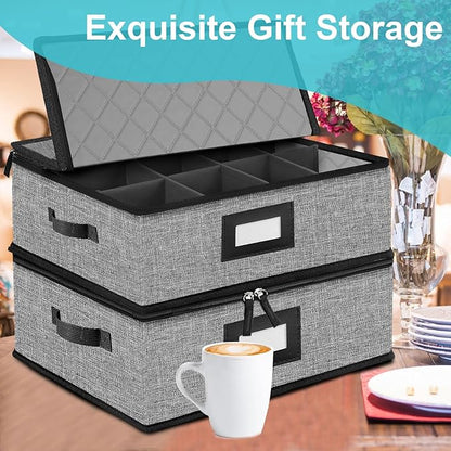 2PACK Quilted Mug Cup Storage Box-China Storage Containers Hard Shell,Cup Storage Containers with Lid for Moving Transport,Kichen Dinnerware Storage