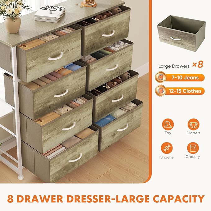 Sweetcrispy 8 Drawer Dresser for Bedroom Large Fabric Storage Tower Organizer Chest of Drawers with Metal Frame and Wooden Top for Nursery Closet Living Room Entryway, Oak Finish