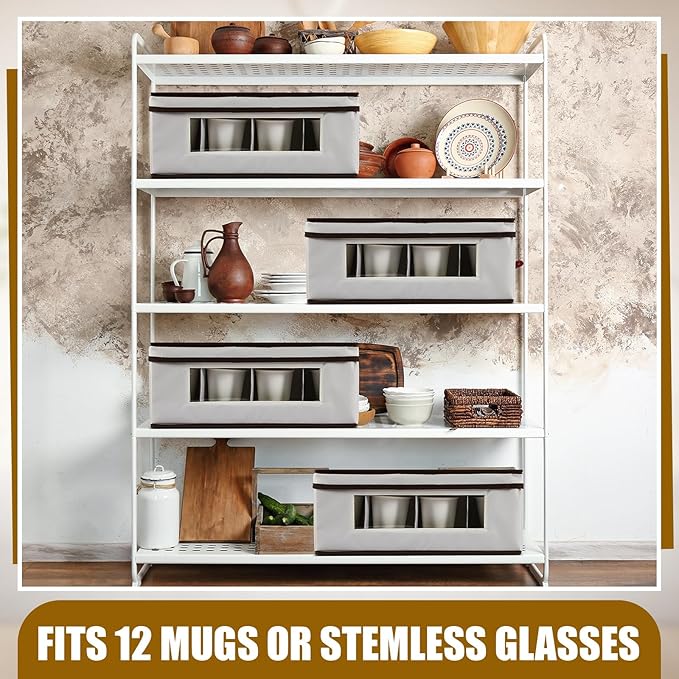 Uiifan 4 Pcs Mug Storage Box with Dividers 12 Compartment Stemware Storage Cases China Container Box with Lid, Handles, PVC Window for Moving, Beige
