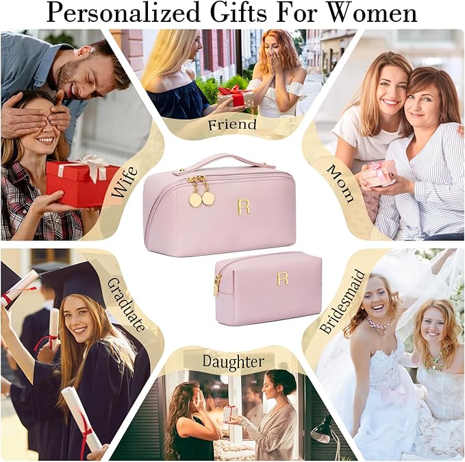 Valentine's Day Gifts for Women Teen Girl, Personalized Initial Makeup Organizer Bag Set, Open Flat Travel Cosmetic Bag With Clear Divider and Handle(Pink,R)