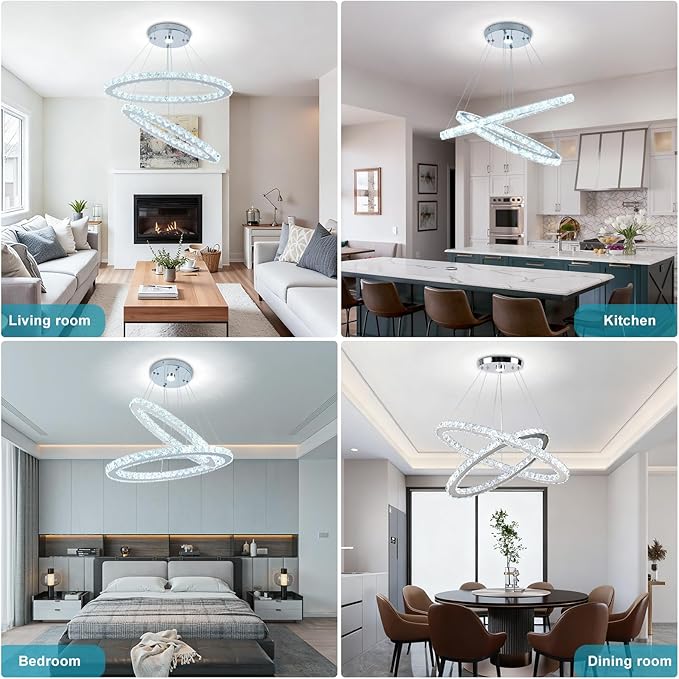 23.6'' Oval Crystal Chandelier, 2-Ring LED Pendant Island Light, 6500K Cool White Non-Dimmable Modern Ceiling Lighting for Kitchen Island Dining Room Living Room Bedroom