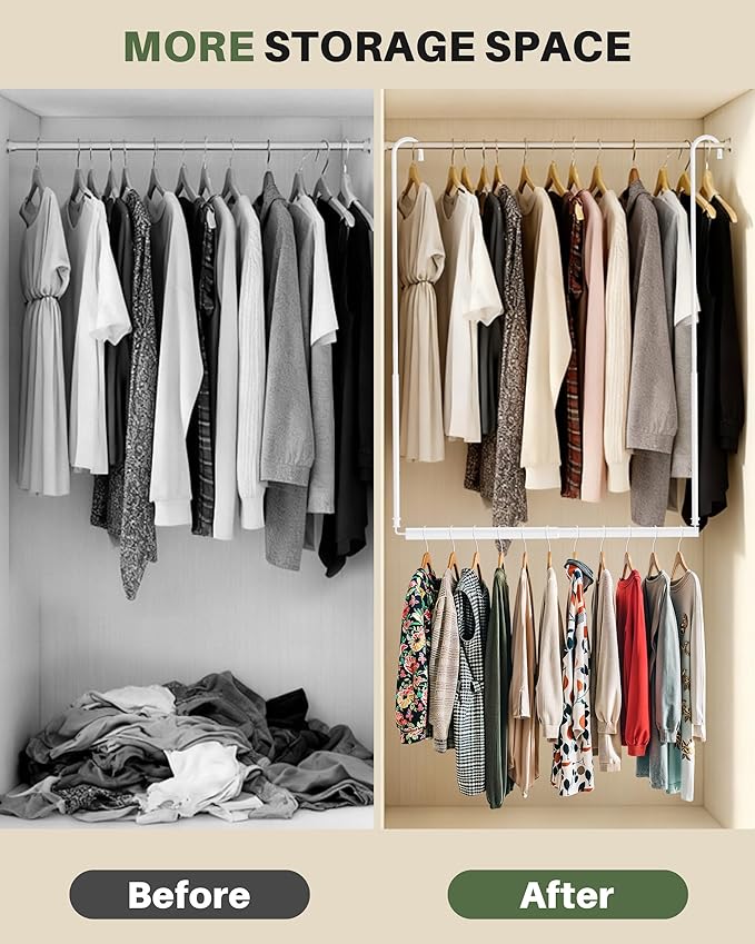 Hanging Closet Rod, 2 Pack Adjustable Height & Width Closet Rods for Hanging Clothes-Closet Extender Hanging Rod Space-Maximizing Design Suitable for Hanging and Drying Clothes, White