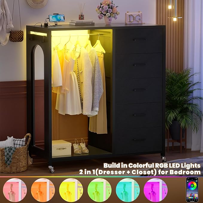 Cyclysio Dresser for Bedroom with Clothes Rack & Mirror, 5 Fabric Drawers Dresser with Charging Station & LED Lights, Rolling Chest of Drawers with Wheels, Full Length Mirror, Wooden Top, Closet