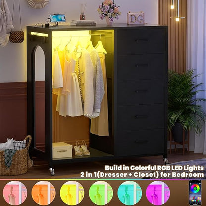 Cyclysio Dresser for Bedroom with Clothes Rack & Mirror, 5 Fabric Drawers Dresser with Charging Station & LED Lights, Rolling Chest of Drawers with Wheels, Full Length Mirror, Wooden Top, Closet