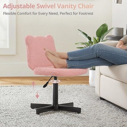 LUE BONA Adjustable Vanity Stool Chair with Girly Bear Ear Wide Back, 360° Swivel Vanity Stool for Makeup Room, Upholstered Teddy Velvet Ottoman for Girls, 350lbs, Pink