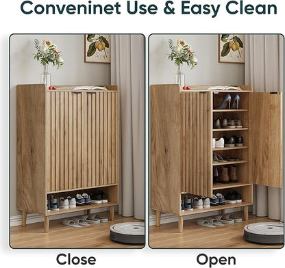 Smuxee Oak Shoe Cabinet with Fluted Doors, 6-Tier Shoe Storage Cabinet with Adjustable Shelves, Freestanding Shoe Organizer Cabinet for Entryway, Hallway, Closet, Living Room