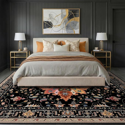 RELEANY Area Rugs 8'x10' Washable Non-Slip, Floral Vintage Distress Medallion Carpet for Living Room Bedroom Dining Room, Black Colorful Floral Dark Tan