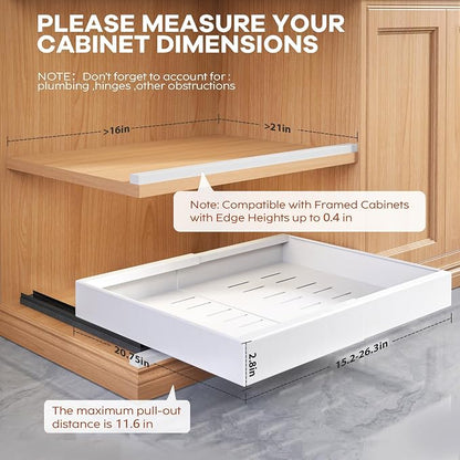 Seinloes 4 Pack Expandable Width (15.15"-26.3") Pull Out Cabinet Organizer 21" Deep with Raising Pad for Framed Cabinets, Upgrade 3 Slide Rails Slide Out Drawers, Roll Out Shelves Adhesive, White