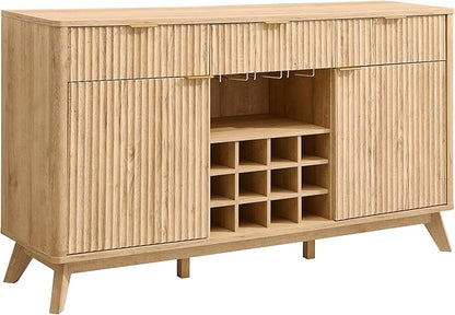 OKD 60" Fluted Buffet Cabinet with Storage - 3 Drawers and 2 Doors, Mordern Wine & Coffee Bar Cabinet with Wine and Glass Racks, Sideboard with Adjustable Shelves for Kitchen, Dining Room,Natural Oak | for Liquor, w/Wine & Glass Rack, 3 Storage Drawers...