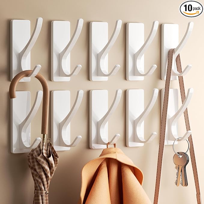 pickpiff White Self Adhesive Coat Hooks for Hanging: 13LB Extra Strong Stainless Wall Hook for Towel, Utensil, Backpack, Hat, Sturdy Metal Hanger for Bathroom, Kitchen, Door, 10 Pack