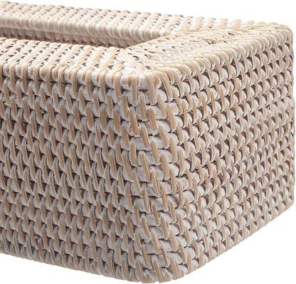 Rattan Tissue Box Cover Natural Woven Facial Napkin Holder Rectangular 10 x 6.1 x 4.1 Inch (White)