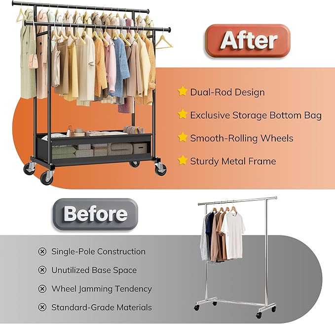 Clothes Rack, Clothing Racks for hanging clothes, Rolling clothes rack with Storage Basket & Heavy Duty Wheels, Double rods clothing rack for Bedroom, Laundry Room, Black