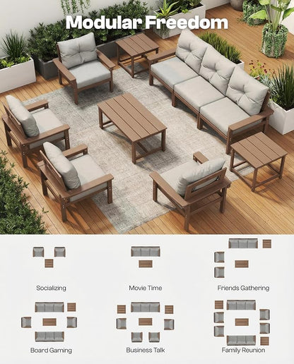 Teak HDPE Outdoor Patio Furniture Set, 10-Piece Patio Conversation Sets with Coffee Table & Washable Thick Cushions, Outdoor Sofa for Garden, Balcony, Porch, Yard, Lawn, Poolside