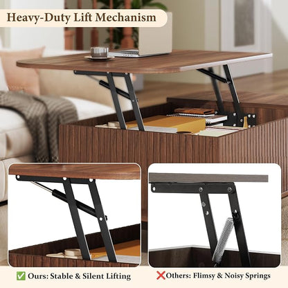HUAHUU 37.4" Lift Top Coffee Table with Storage, Mid Century Modern Coffee Table with Sliding Fluted Doors for Living Room, Home Office, Walnut