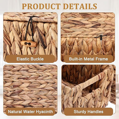 Sumnacon Storage Basket with Lid, Water Hyacinth Shelf Baskets for Organizing, Farmhouse Bathroom Woven Bins for Tampons and Pads, Toilet Paper, Towels,Decorative Organizer Box for Counter, Vanity (M)