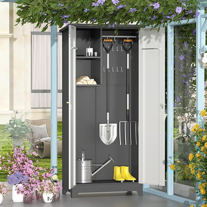 Outdoor Metal Storage Cabinet,Garden Storage Cabinet with Waterproof Coating,Waterproof Lockable Storage Cabinets for Garden,Backyard,Lawn,Dark Gray+White