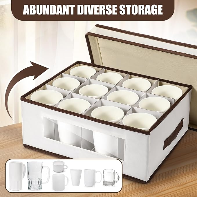 Norme 3 Pack Wine Glasses Storage Box with Dividers, 12 Compartments Stemware Storage Cases Champagne Flute Box with Lid Handle Window China Container Organizer for Moving(Mug Size,Beige)