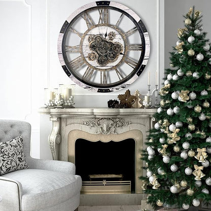 DORBOKER 27 Inch Large Wall Clock Farmhouse Wooden Clock with Moving Gears HD Toughened Glass Cover, Oversized Industrial Steampunk Rustic Wall Clock for Living Room Decor Home Kitchen Office (White)