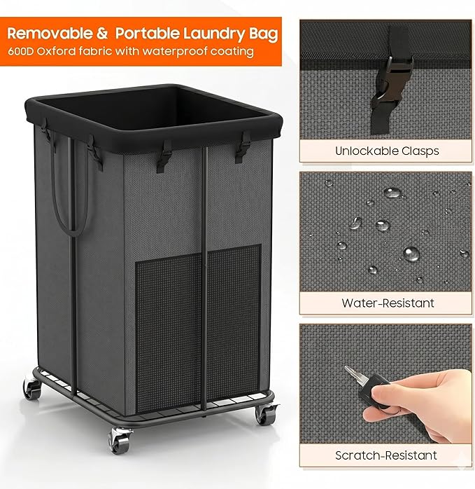 150L Laundry Hamper with Wheels, Rolling Laundry Basket with Metal Frame and Removable Bag, Large & Tall Dirty Clothes Hampers for Bedroom Aesthetic, Laundry Room, Bathroom, Dorm-Grey