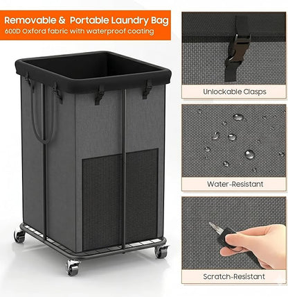 150L Laundry Hamper with Wheels, Rolling Laundry Basket with Metal Frame and Removable Bag, Large & Tall Dirty Clothes Hampers for Bedroom Aesthetic, Laundry Room, Bathroom, Dorm-Grey