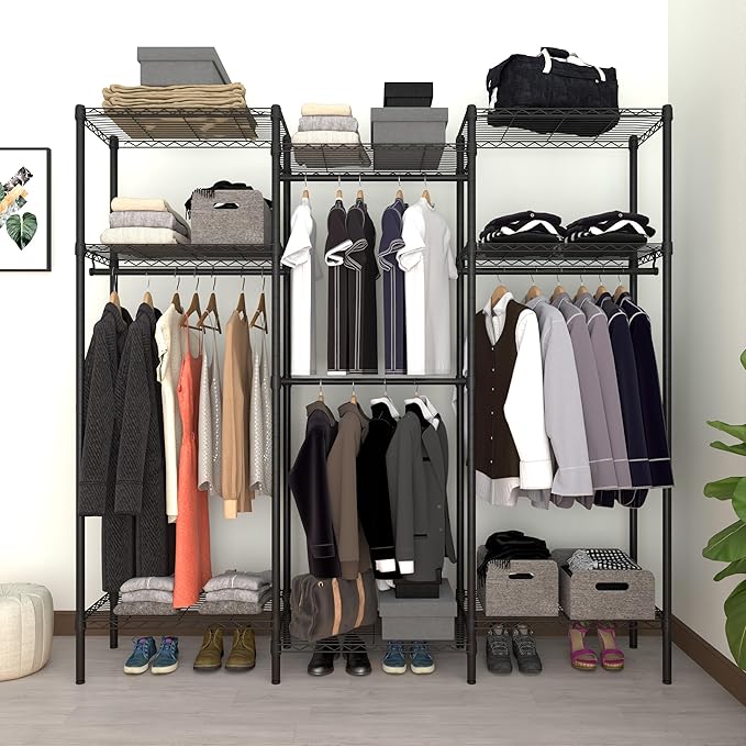 Heavy Duty Clothes Rack,Freestanding Clothing Shelf,Metal Garment Rack,Adjustable Custom Closet Shelf, 75" L x 13.8" W x 75.2" H, Max Load 800LBS, Large(Black)