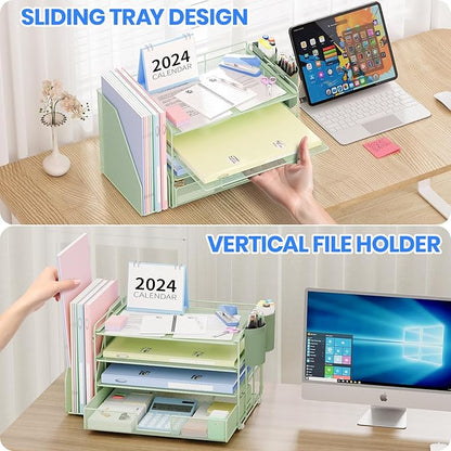 OPNICE Desk Organizer, 4-Tier Desktop File Organizer with Drawer and 2 Pen Holders, Office Desk Accessories, File Sorters, Workspace Organizers for Office Supplies(Green)