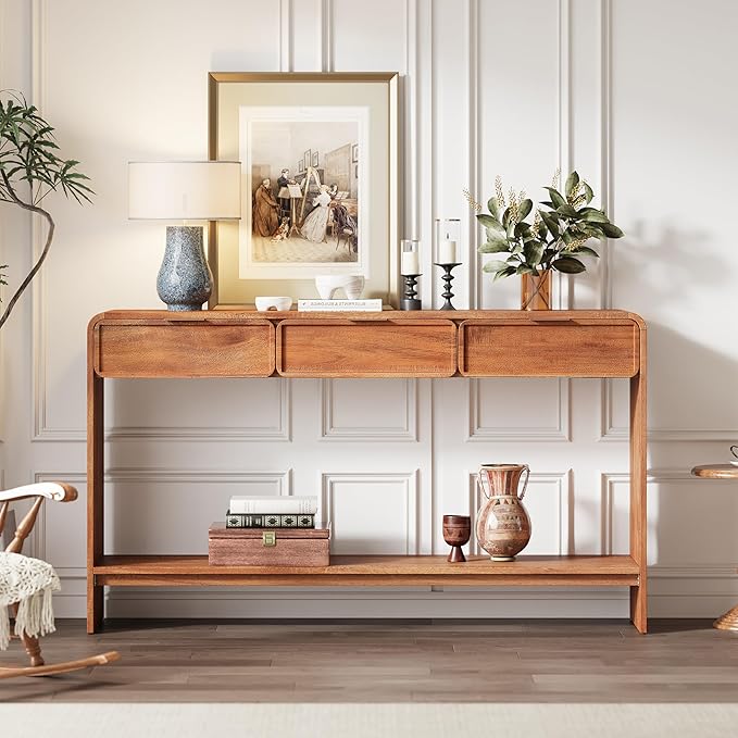 Christopher Knight Home Tida Vintage Narrow Console Table with Drawers, Solid Wood Entryway Table with Open Storage Shelf, Behind The Couch Long Sofa Table for Living Room, Brown
