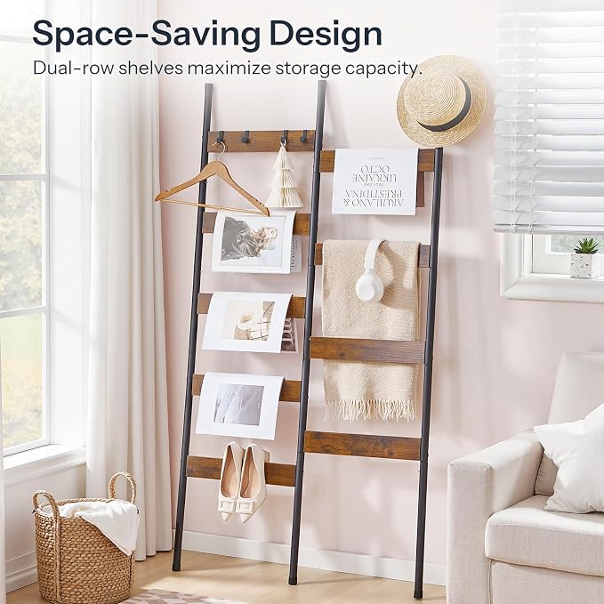 HOOBRO Blanket Ladder, 33.9" L Wall-Leaning Towel Rack, Double Row Blanket Rack for Large Capacity, Metal Frame, Anti-Tip Design, Blanket Holder for Living Room, Bathroom, Rustic Brown BF17CJ01