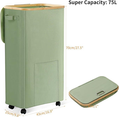Vincona Laundry Basket with Wheels, Dirty Clothes Hamper on Wheels, Rolling Tall Laundry Hamper with lid for Laundry Room, Dorm and Bathroom, 75L Sage Green