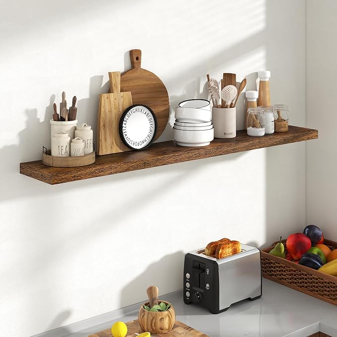 Acovy 55 Inch Floating Shelves, 8 Inch Deep Floating Shelves for Wall, Hanging Shelf with Invisible Brackets, Deep Shelves for Bathroom, Bedroom, Living Room, Brown, Set of 1