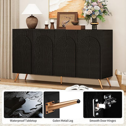 59" Accent Storage Cabinet with Doors, Modern Decorative Cabinet with 3D Carved Door, Sideboard Buffet Cabinets with Adjustable Shelves, Credenza for Living Room, Entryway, Dining Room, Black