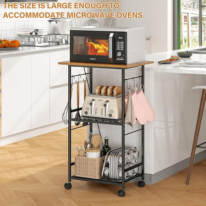ThreeHio Rolling Kitchen Microwave Cart, 3 Tier Microwave Table Stand with Adjustable Shelf, Kitchen Storage Rack on Wheels, Coffee Station Cart Rack Shelf Organizer for Living Room Office, Balcony