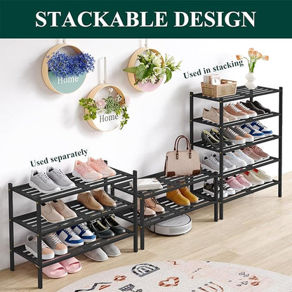 Smiry Bamboo Shoe Rack 2-Tier, Stackable Wooden Shoe Organizer for Entryway & Closet, Free Standing Wood Shoe Storage Shelf for Front Door & Small Spaces, Black