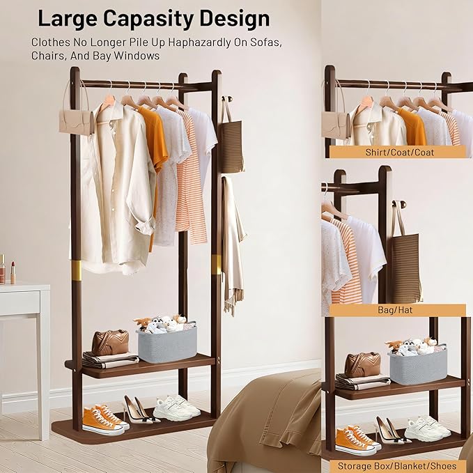 Freestanding Coat Rack with 2 Storage Shelves and 5 Hooks, Heavy Duty Wood Garment Rack for Bedroom, Hallway, Entryway (23.6x11.4x64.7 in)