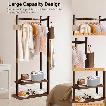 Freestanding Coat Rack with 2 Storage Shelves and 5 Hooks, Heavy Duty Wood Garment Rack for Bedroom, Hallway, Entryway (23.6x11.4x64.7 in)