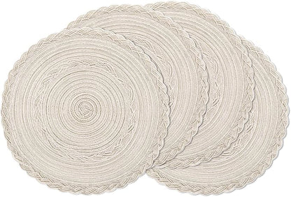 SHACOS Round Placemats Set of 4 Boho Braided Border Table Place Mats for Dining Table Wedding Holiday Party (Ivory Bordered, 4)