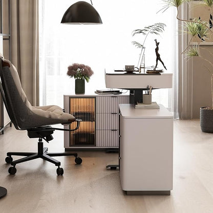 Lartis Office Desk, Electric Standing Desk with Built-in Outlets, Tempered Glass Top Modern Office Computer Desk with 2 Side cabinets (Ivory White, 50)